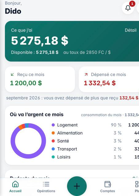 Écran d'accueil : ce que j'ai, reçu et dépensé ce mois, où va l'argent
