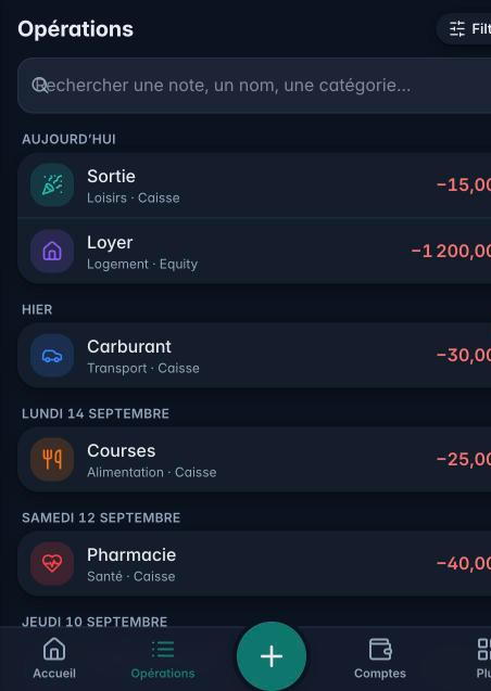 Liste des opérations groupées par jour, en mode sombre